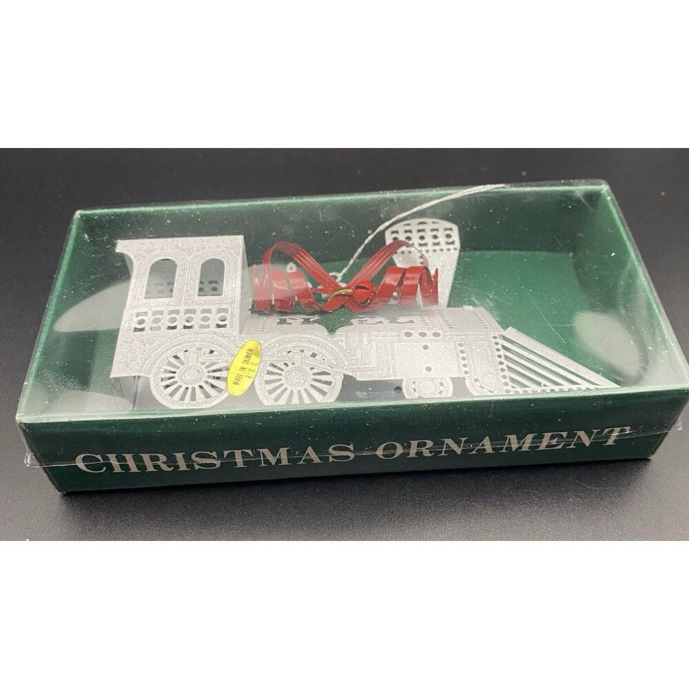 Vintage 1989 White Glitter Train Ornament Box Unbranded Metal Locomotive in Box - Picture 2 of 6